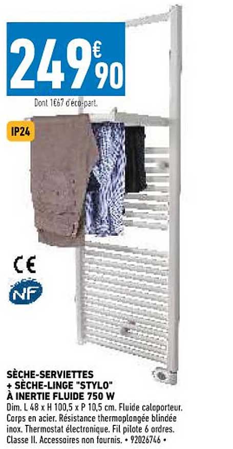 sèche-serviettes + sèche-linge "stylo" à inertie fluide 750 w