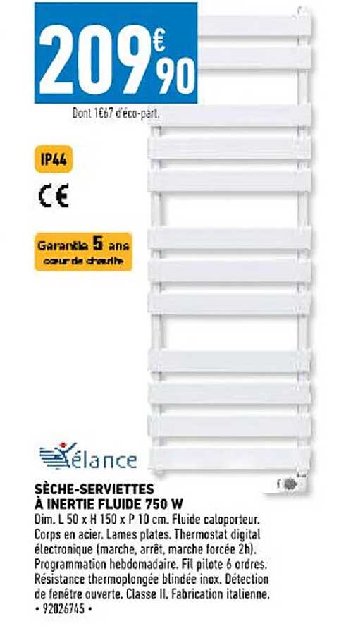 sèche-serviettes à inertie fluide 750 w xélance