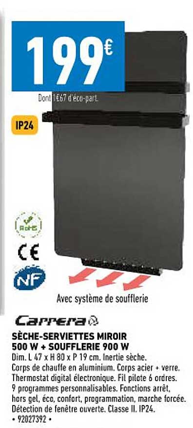 sèche-serviettes miroir 500 w + soufflerie 900 w carrera