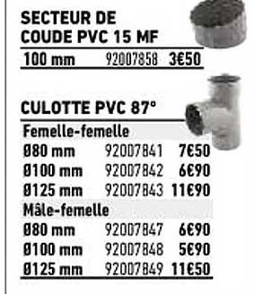 secteur de coude pvc 15 mf, culotte pvc 87°