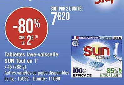 tablettes lave-vaisselle sun tout en 1 -80% sur le 2e