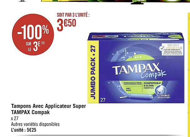 tampons avec applicateur super tampax compak -100% sur le 3e
