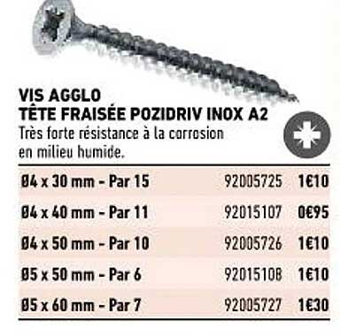 vis agglo tête fraisée pozidriv inox A2