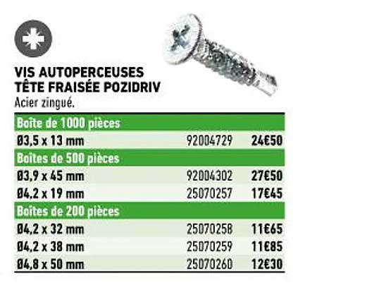 vis auto perceuses tête fraisée pozidriv