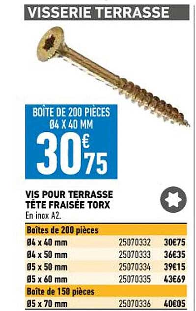 vis pour terrasse tête fraisée torx