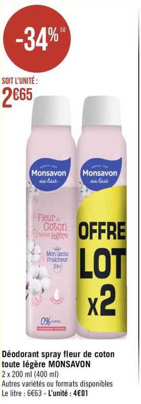 déodorant spray fleur de coton toute légère monsavon