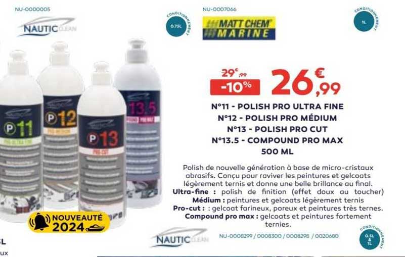n°11 - polish pro ultra fine, n°12 - polish pro médium, n°13 - polish pro cut, n°13.5 - compound pro max 500 ml