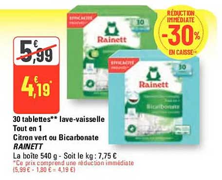 30 tablettes lave-vaisselle tout en 1 citron vert ou bicarbonate rainett