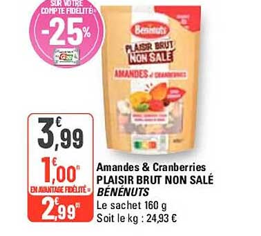 amandes & cranberries plaisir brut non salé bénénuts