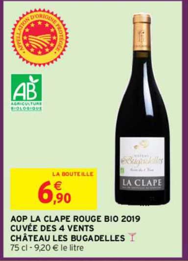 aop la clape rouge bio 2019 cuvée des 4 vents château les bugadelles