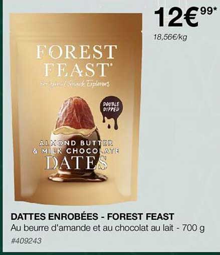 dattes enrobées - forest feast au beurre d'amande et au chocolat au lait