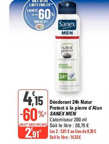 déodorant 24h natur protect à la pierre d'alun sanex men