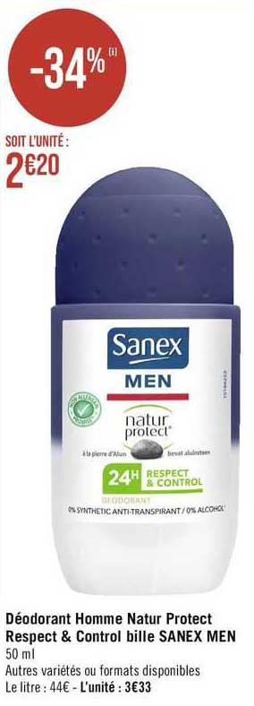 déodorant homme natur protect respect & control bille sanex men