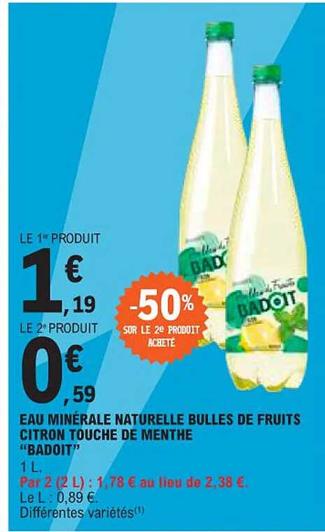 Eau Minérale Naturelle Bulles De Fruits Citron Touche De Menthe "badoit"