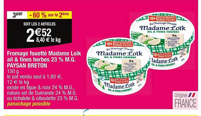 fromage fouetté madame loik ail & fines herbes 23% m.g. paysan breton