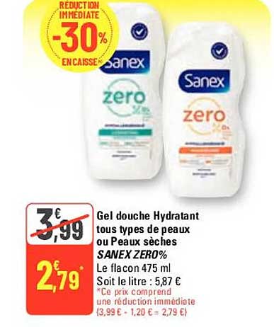 gel douche hydratant tous types de peaux ou peaux sèches sanex zéro%