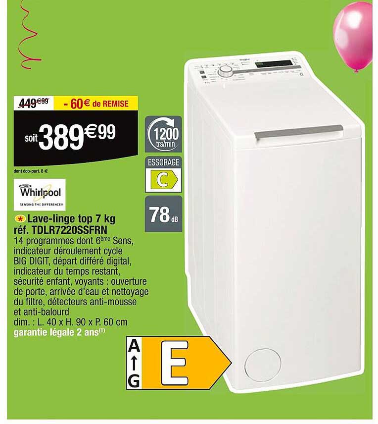 lave-linge top 7kg réf. tdlr7220ssfrn whirlpool
