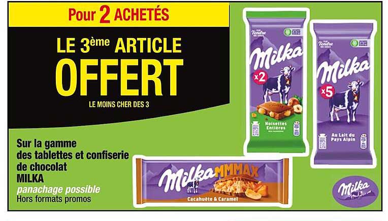 le 3ème offert sur la gamme de tablettes et confiserie de chocolat  milka