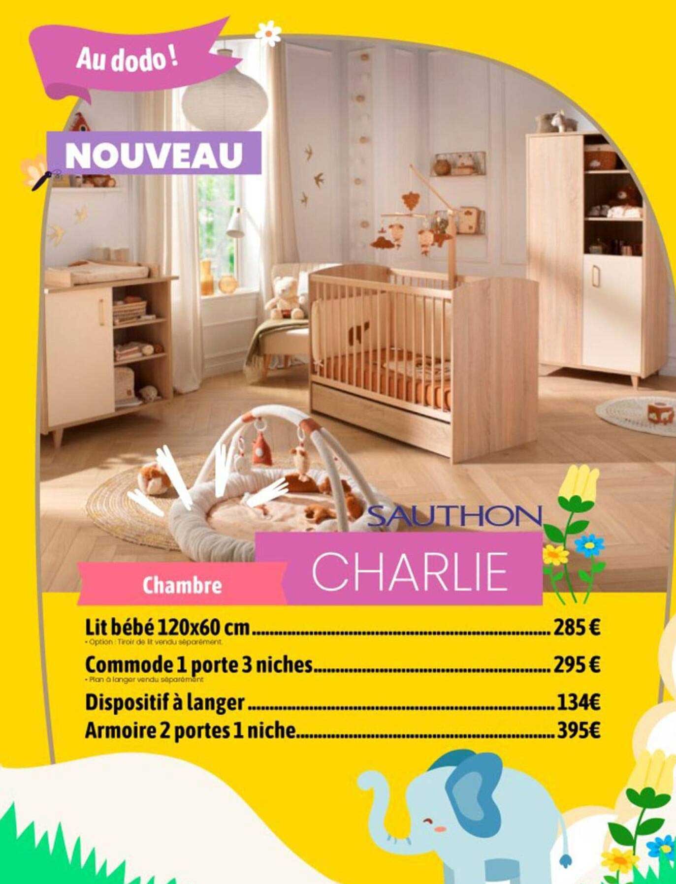 lit bébé 120 x 60 cm, commode 1 porte 3 niches, dispositif à langer, armoire 2 portes 1 niche