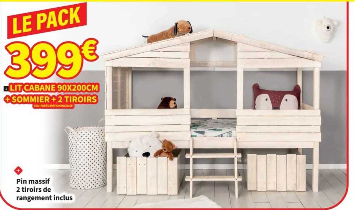 Lit Cabane 90x200 Cm + Sommier + 2 Tiroirs