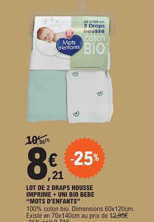 lot de 2 draps housse imprimé + uni bio bébé "mots d'enfants"