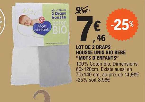 lot de 2 draps housse unis bio bebe "mots d'enfants"