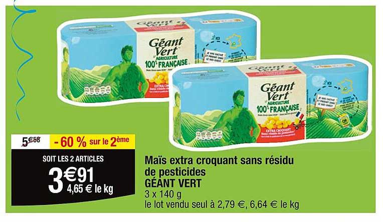 maïs extra croquant sans résidu de pesticides géant vert