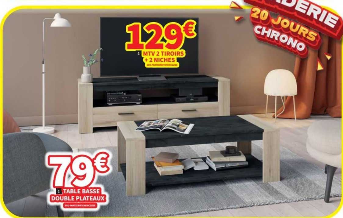 mtv 2 tiroirs + 2 niches table basse double plateaux