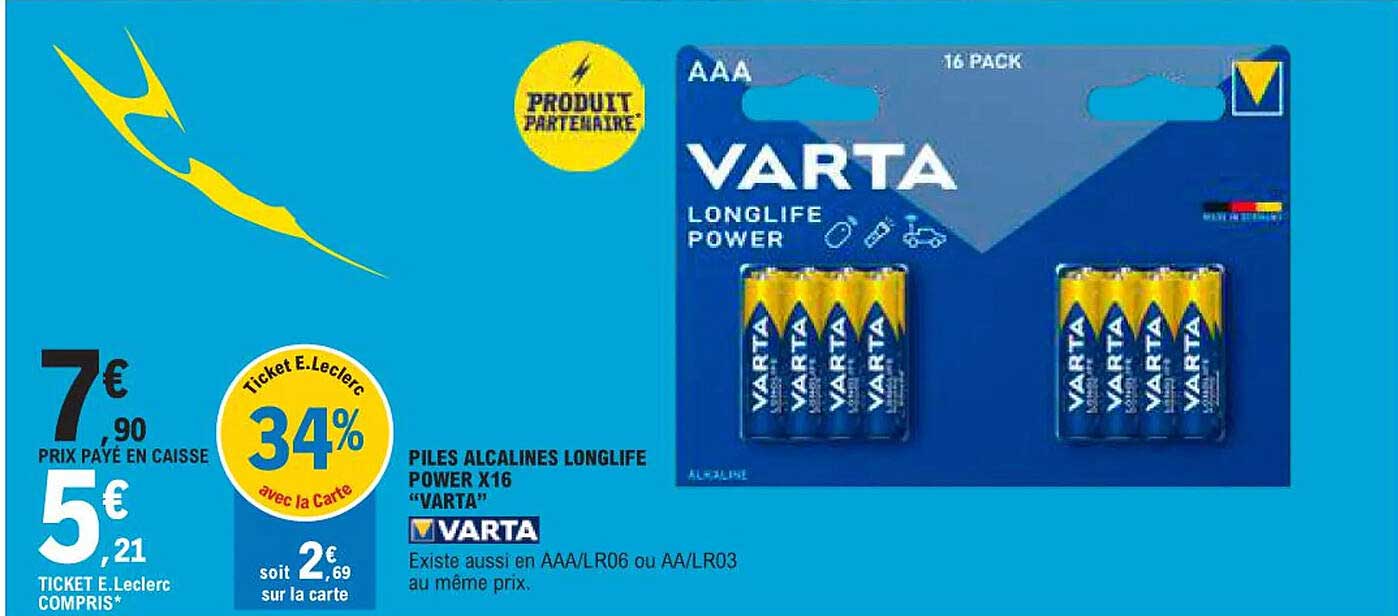 piles alcalines longlife power x16 "varta"
