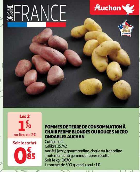 pommes de terre de consommation à chair ferme blondes ou rouges micro ondables auchan