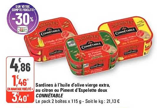 sardines à l'huile d'olive vierge extra, au citron ou piment d'espelette doux connétable