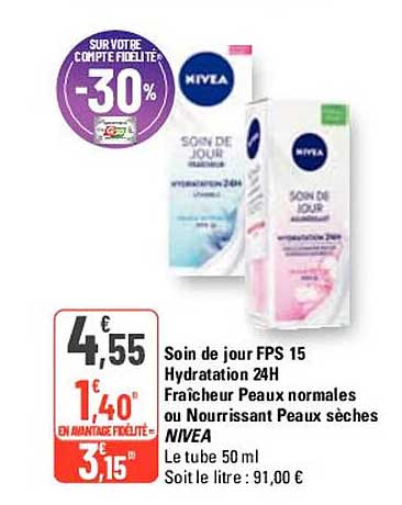 soin de jour fps 15 hydratation 24h fraîcheur peaux normales ou nourrissant peaux sèches nivea