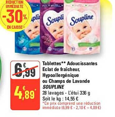 tablettes adoucissantes éclat de fraîcheur, hypoallergénique ou champs de lavande soupline
