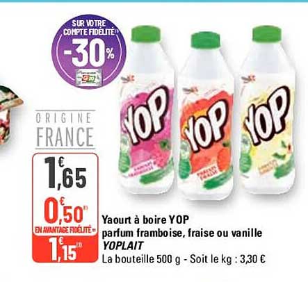 Yaourt à Boire Yop Parfum Framboise, Fraise Ou Vanille Yoplait