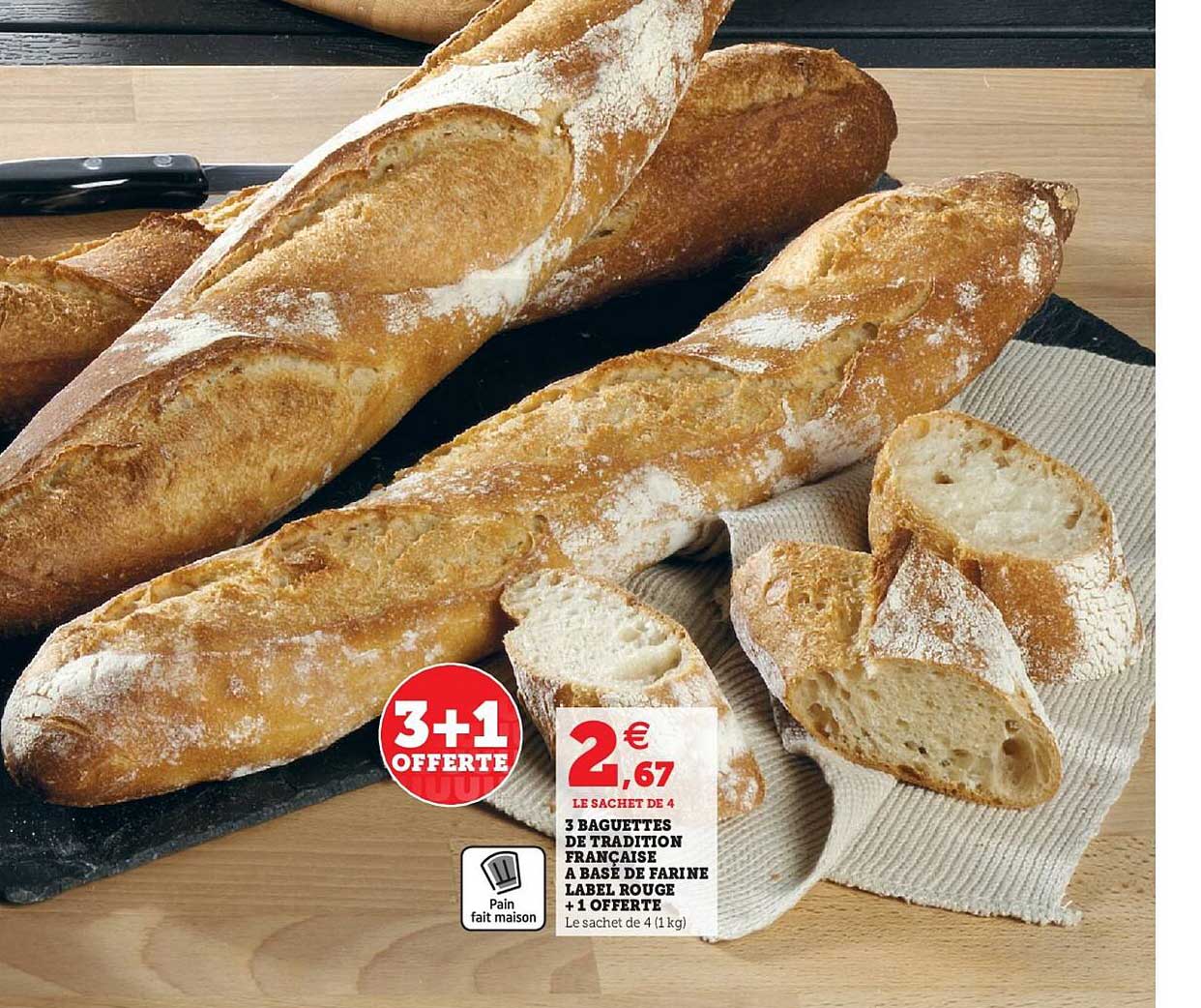3 Baguettes De Tradition Française à Base De Farien Label Rouge + 1 Offerte