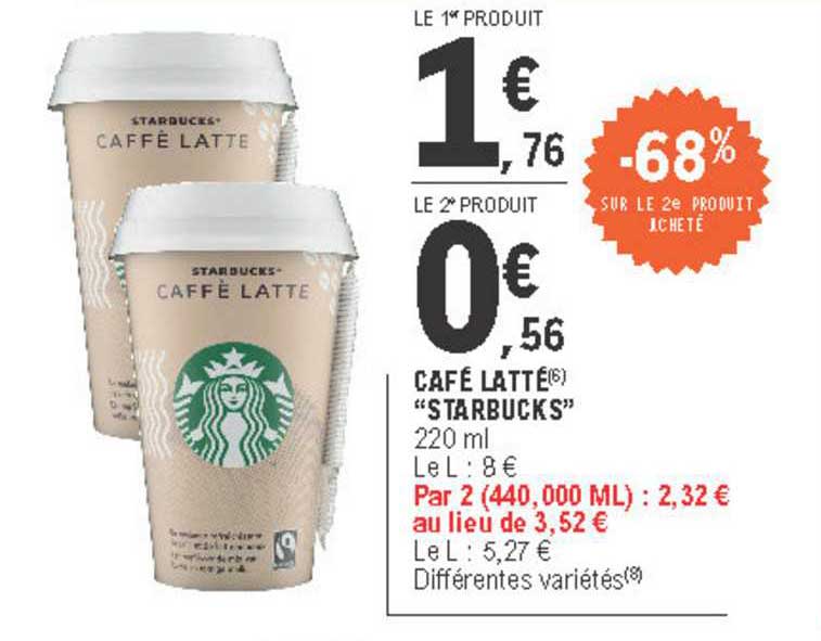 Café Latté Starbucks -68% Sur Le 2e Produit Acheté