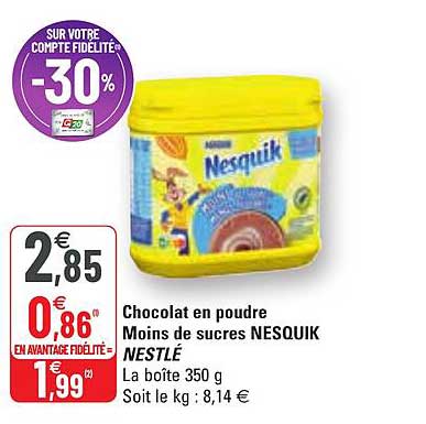 chocolat en poudre moins de sucres nesquik nestlé