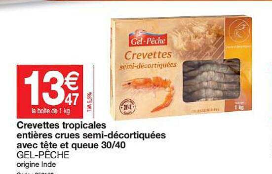 crevettes tropicales entières crues semi-décortiquées avec tête et queue 30 40 gel-pêche