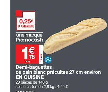demi-baguettes de pain blanc précuites 27 cm environ