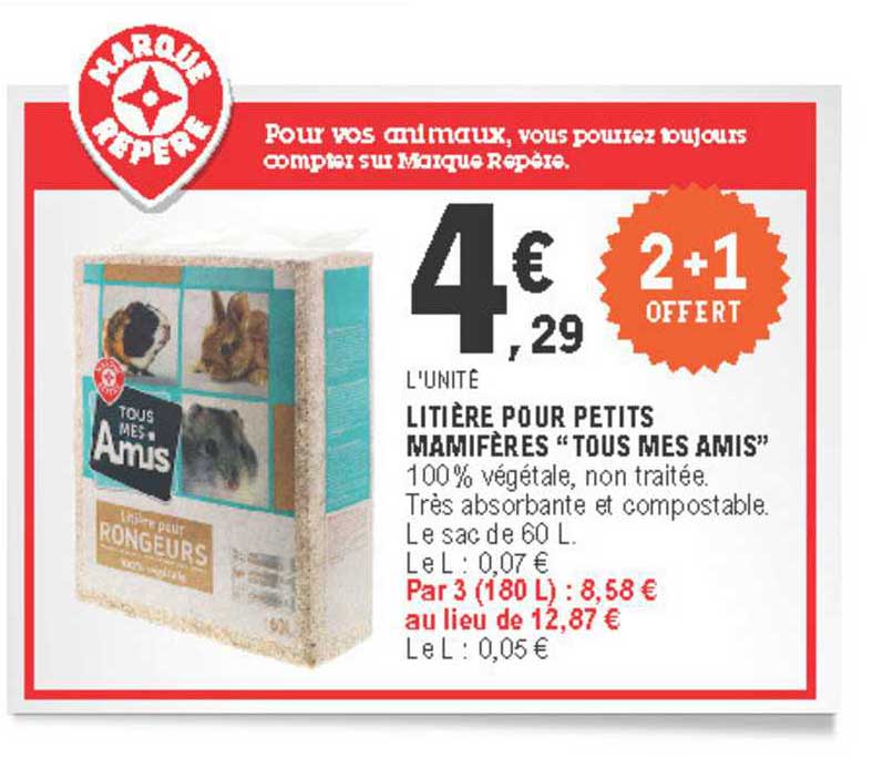 litière pour petits mammifères tous mes amis 2+1 offert