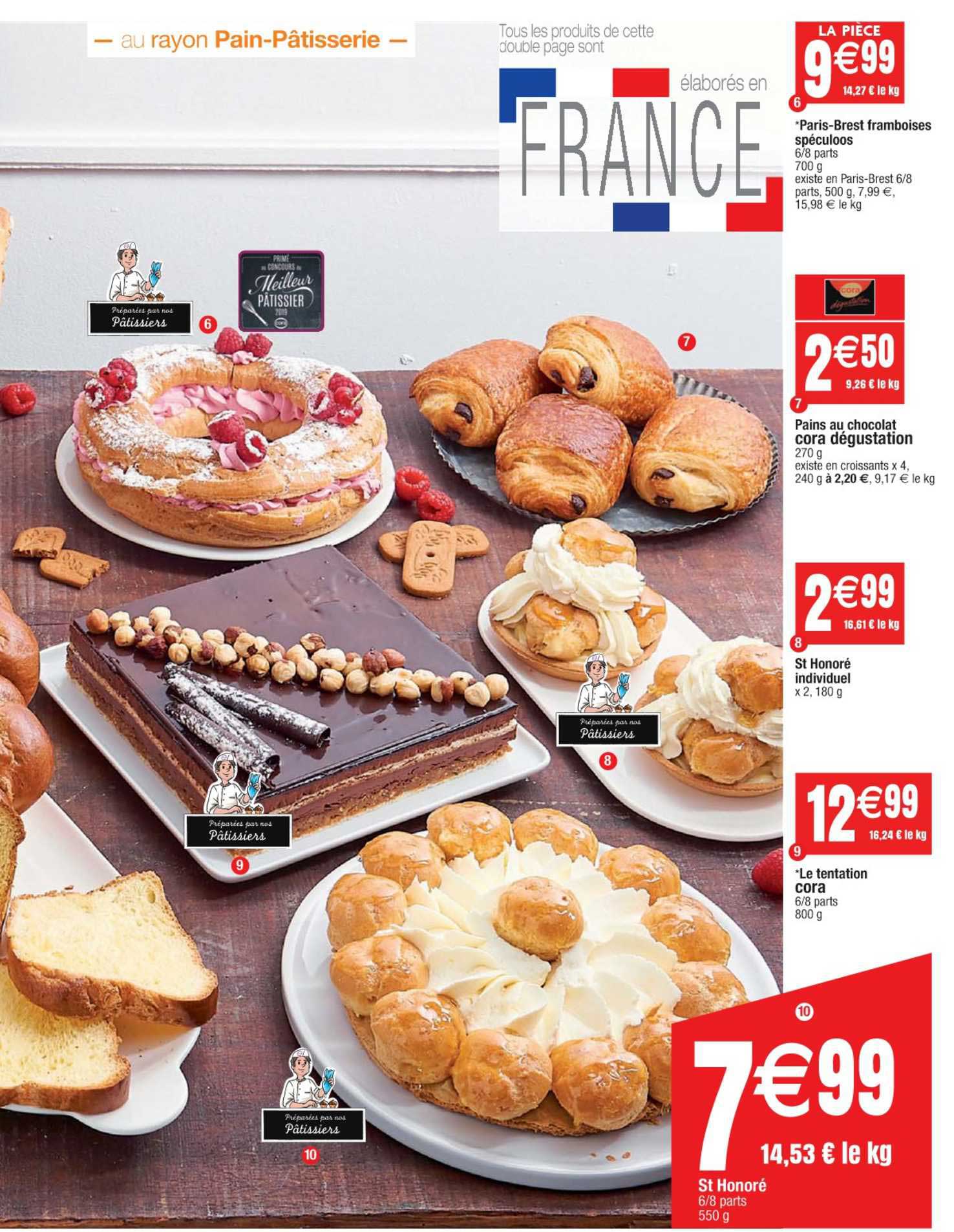 paris-brest framboises spéculoos, pains au chocolat cora dégustation, st honoré individuel, le tentation cora, st honoré