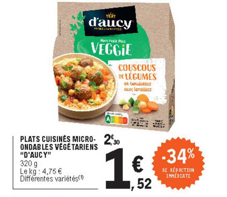 plats cuisinés micro-ondables végétariens d'aucy -34% de réduction immédiate