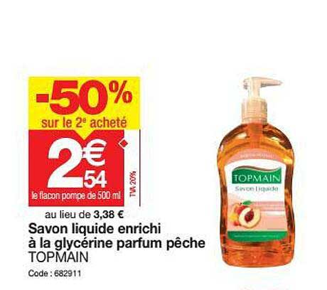 savon liquide enrichi à la glycérine parfum pêche topmain -50% sur le 2e acheté