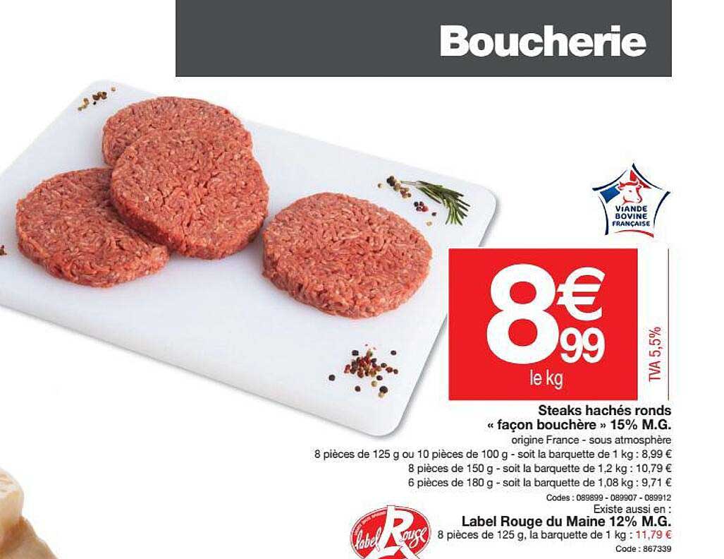 steaks hachés ronds façon bouchère 15% m.g. label rouge du maine 12% m.g.