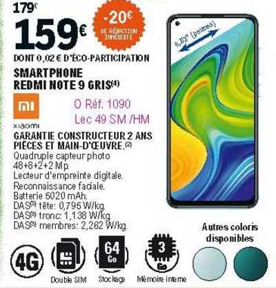 xaiomi smartphone redmi note 9 gris