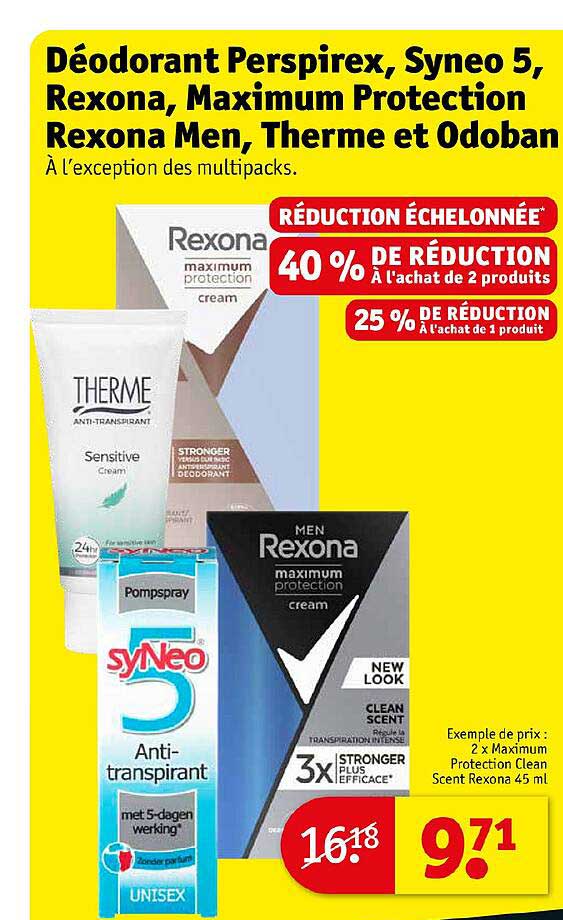 déodorant perspirex, syneo 5, rexona, maximum protection rexona men, therme et odoban