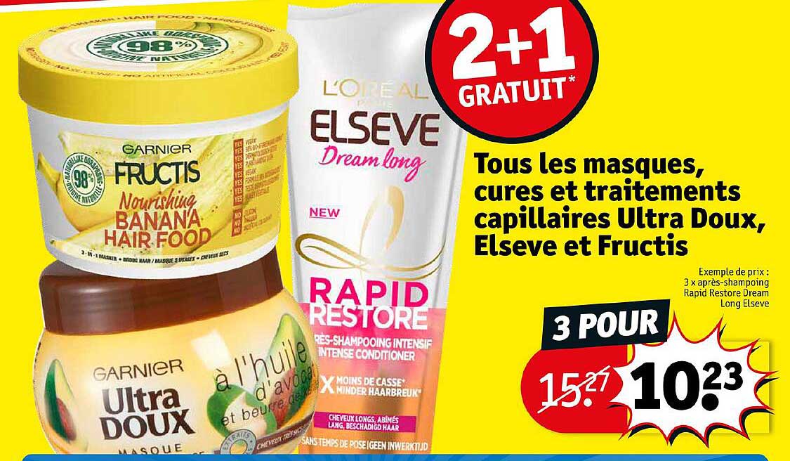 masques, cures et traitements capillaires ultra doux, elsève et fructis