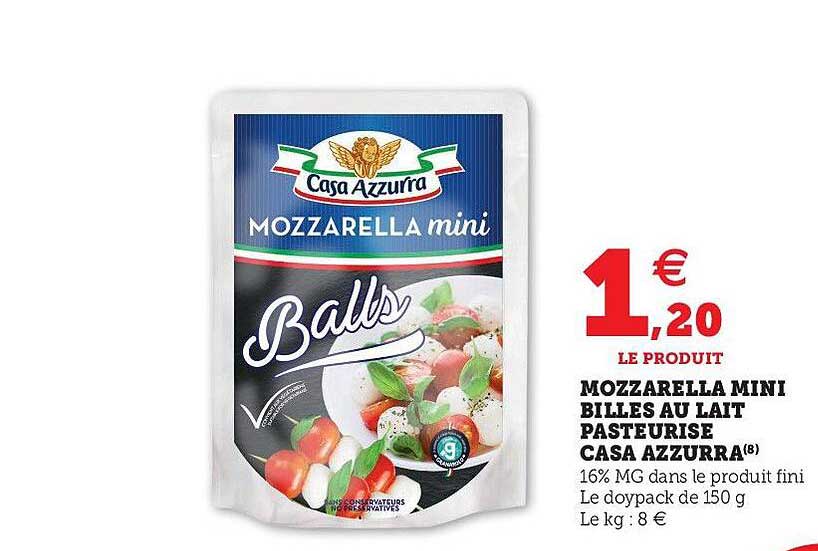 mozzarella mini billes au lait pasteurisé casa azzurra