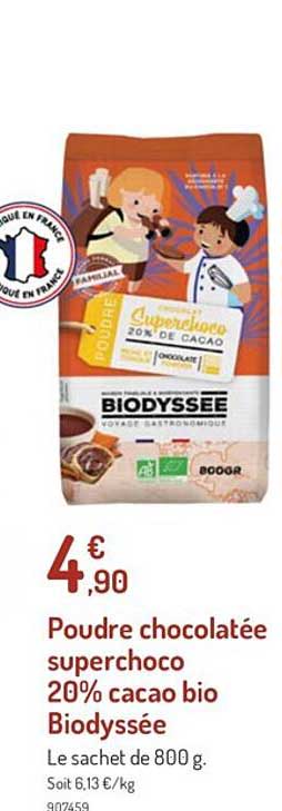 poudre chocolatée superchoco 20% cacao bio biodyssée