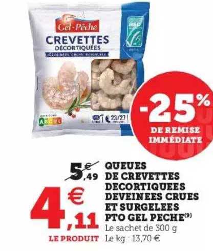 queues de crevettes décortiquées deveinées crues et surgelées pto gel pêche